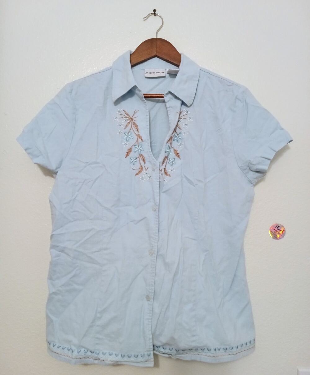 Vintage Jaclyn Smith Embroidered V-Neck Linen Blend Womens Button Up Blouse SZ L